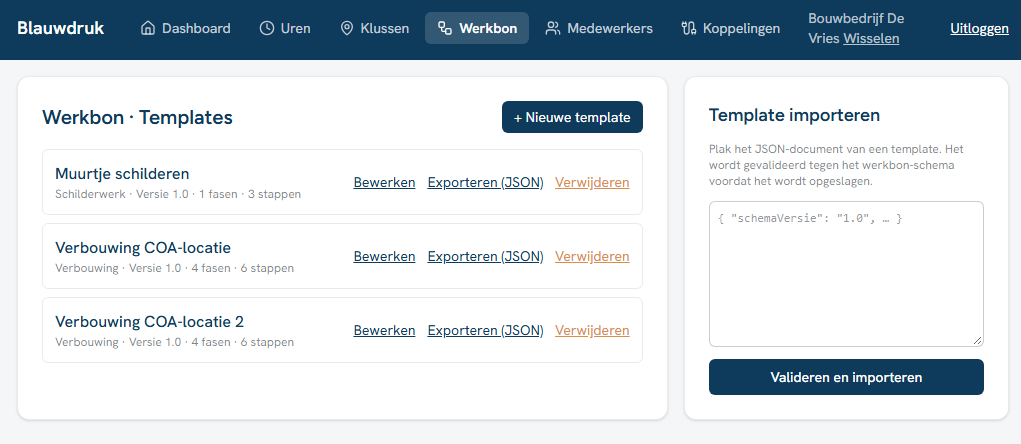 Beheerderspaneel met werkbontemplates voor schilderwerk en verbouwing