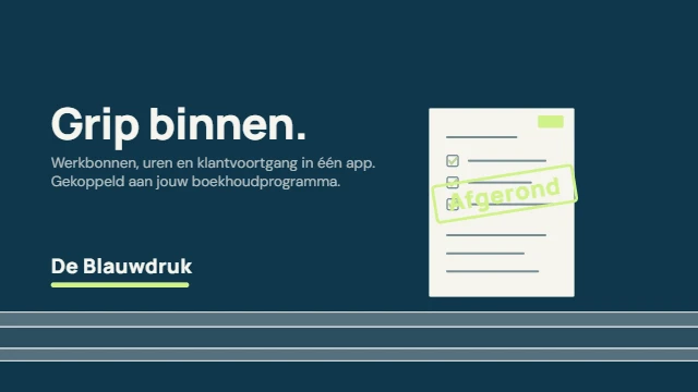 Goed werk buiten, grip binnen. De animatie volgt vier stappen: klus aanmaken, buiten vastleggen, samen overzicht en netjes afronden.