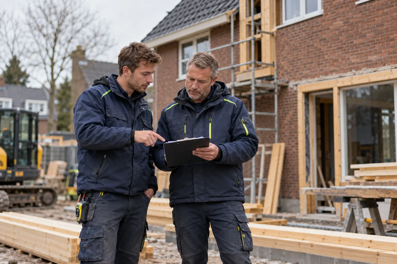 AI-gegenereerd sfeerbeeld van een bouwploeg die het werk op locatie afstemt