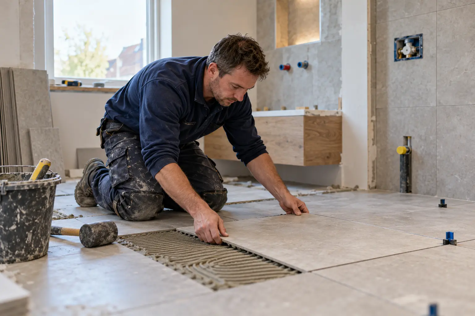 AI-gegenereerd sfeerbeeld van een tegelzetter tijdens een badkamerrenovatie