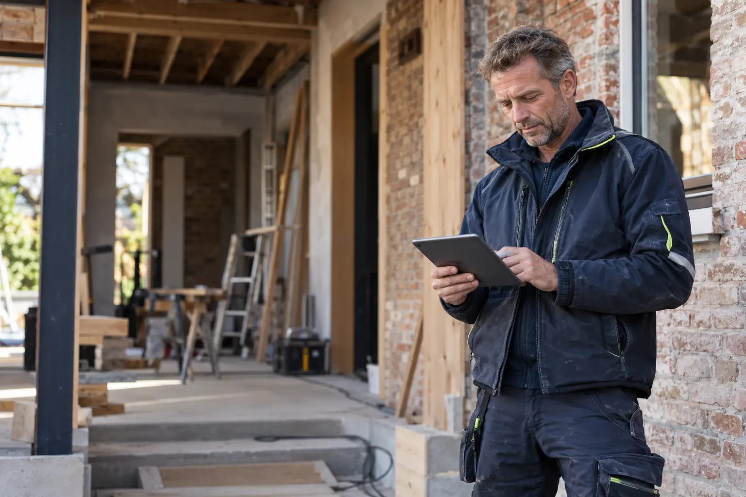 AI-gegenereerd sfeerbeeld van een bouwprofessional die een tablet bekijkt op een renovatielocatie