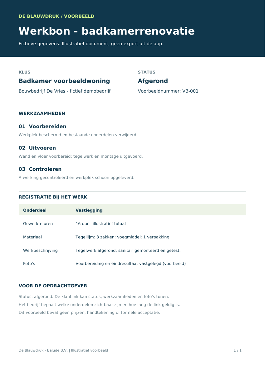 Illustratieve ingevulde werkbon met werkzaamheden, uren, materiaal en opleverstatus